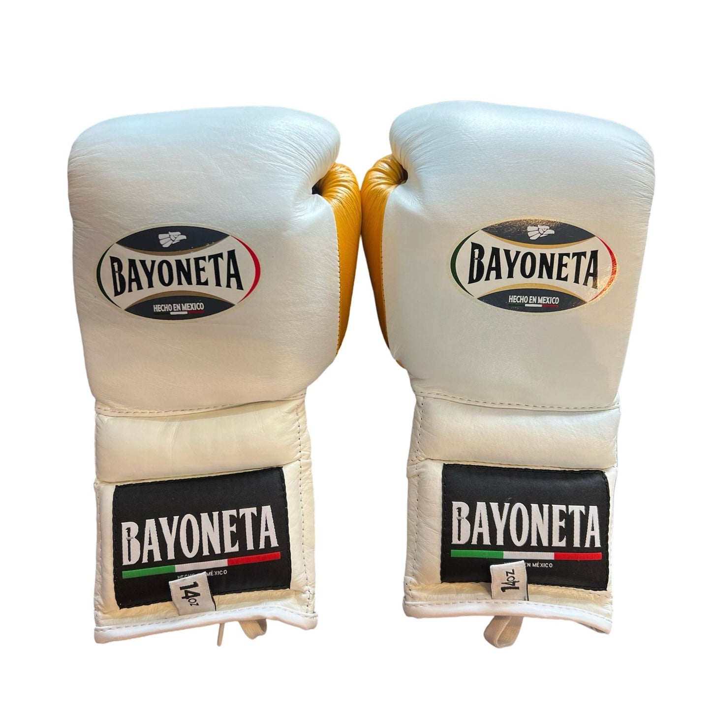 Bayoneta Boxing Gloves – White, Black, and Gold Lace-Up Mexican-Style Training Gloves