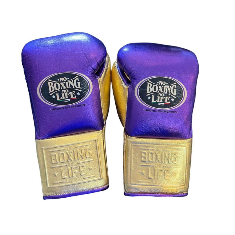 No Boxing No Life Boxing Gloves – Purple & Gold Leather Training Gloves