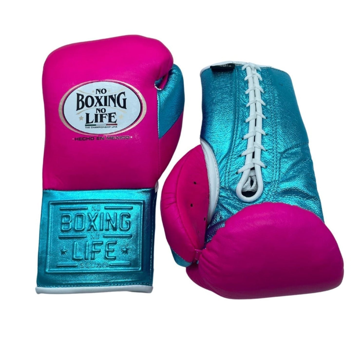 No Boxing No Life Premium Cowhide Leather Lace-Up Boxing Gloves – Metallic Blue & Pink Edition