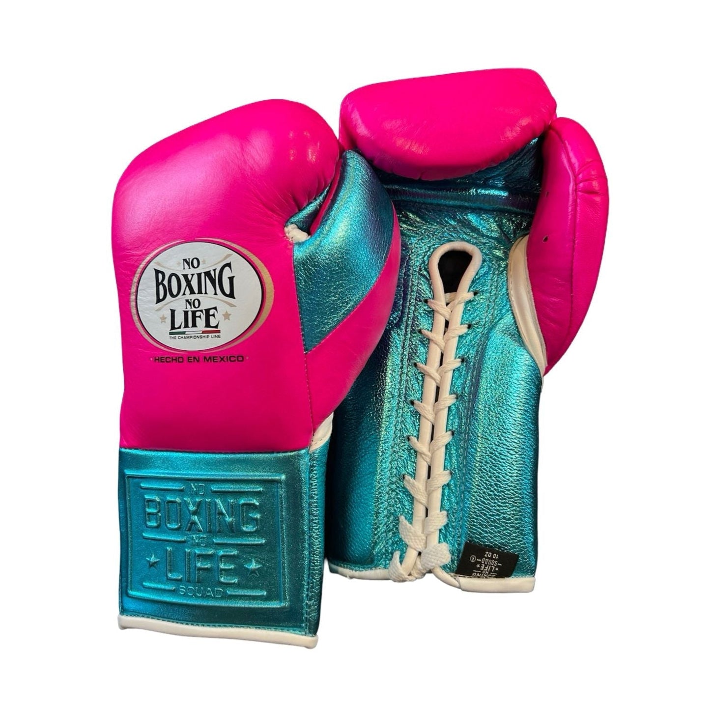 No Boxing No Life Premium Cowhide Leather Lace-Up Boxing Gloves – Metallic Blue & Pink Edition