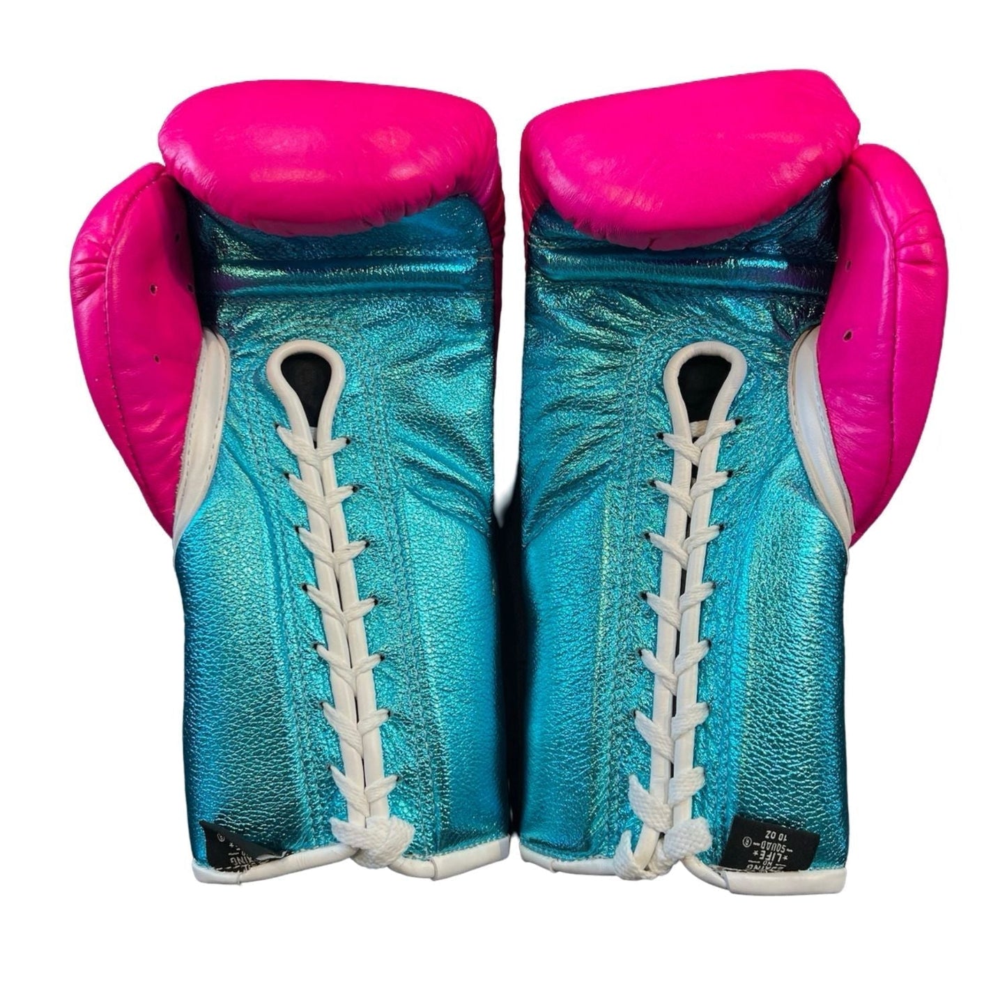 No Boxing No Life Premium Cowhide Leather Lace-Up Boxing Gloves – Metallic Blue & Pink Edition
