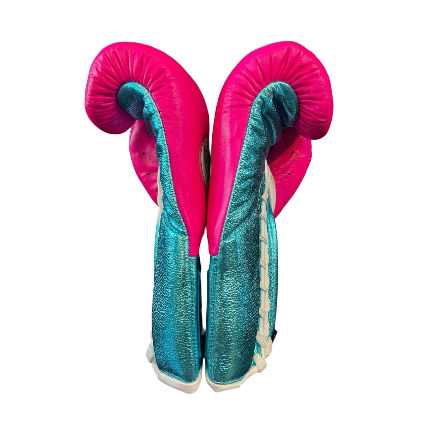 No Boxing No Life Premium Cowhide Leather Lace-Up Boxing Gloves – Metallic Blue & Pink Edition