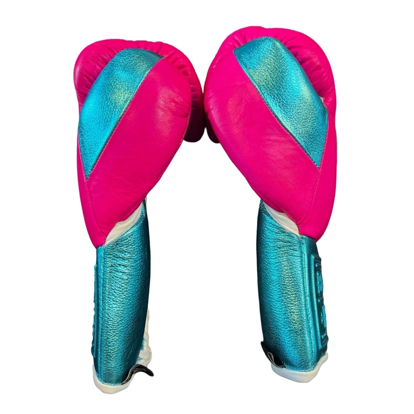 No Boxing No Life Premium Cowhide Leather Lace-Up Boxing Gloves – Metallic Blue & Pink Edition