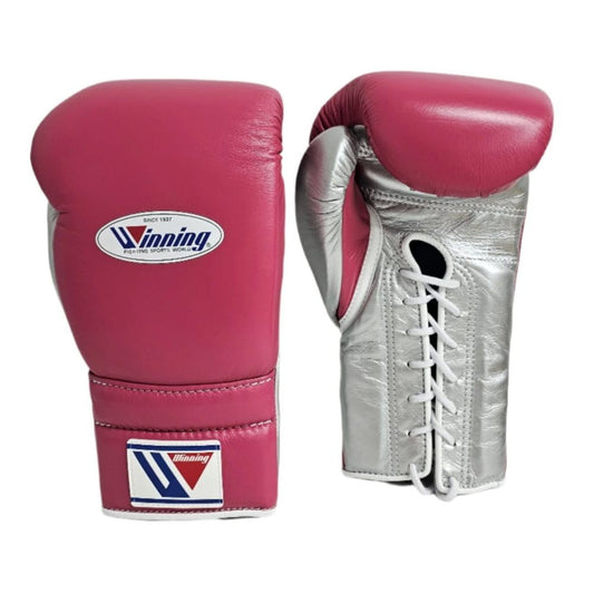 Winning Boxing Gloves – Pink & Silver Lace-Up Leather Training Gloves