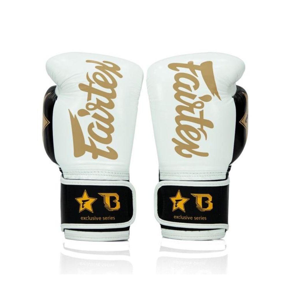 Fairtex x Booster Boxing Gloves – White & Gold Muay Thai Training Gear