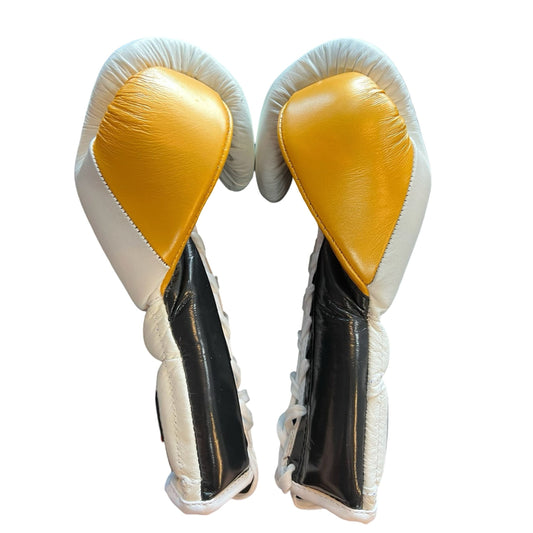 Bayoneta Boxing Gloves – White, Black, and Gold Lace-Up Mexican-Style Training Gloves