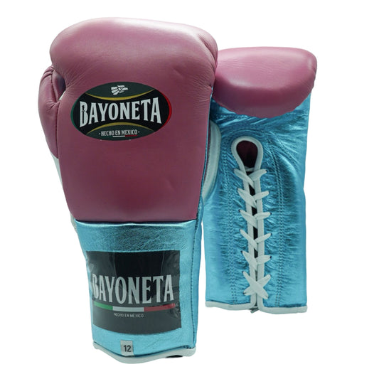 Bayoneta Boxing Gloves – Pink and Metallic Blue Lace-Up Mexican-Style Training Gloves
