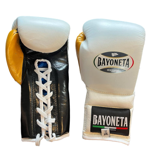 Bayoneta Boxing Gloves – White, Black, and Gold Lace-Up Mexican-Style Training Gloves