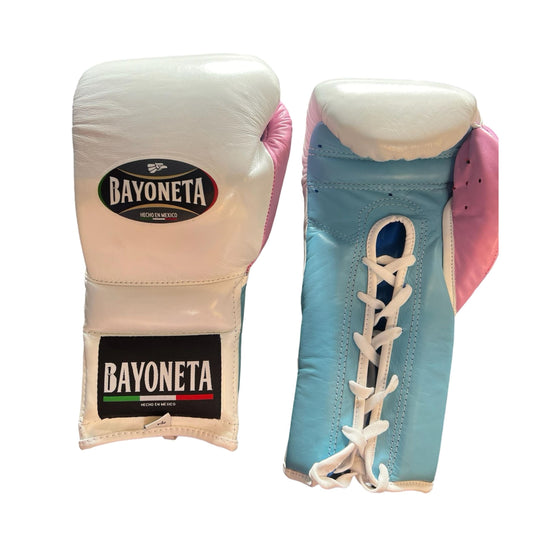 Bayoneta Boxing Gloves – White, Pink, and Blue Lace-Up Mexican-Style Training GlovesWhite/ Sky Blue/ Baby Pink
