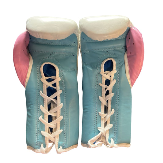 Bayoneta Boxing Gloves – White, Pink, and Blue Lace-Up Mexican-Style Training GlovesWhite/ Sky Blue/ Baby Pink