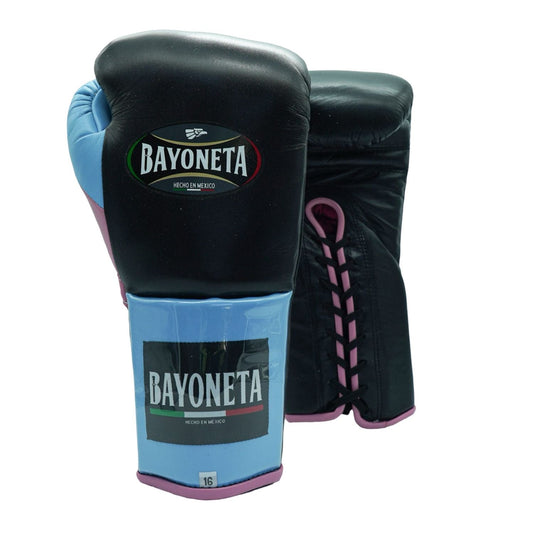 Bayoneta Boxing Gloves – Black, Pink, and Blue Lace-Up Mexican-Style Training Gloves
