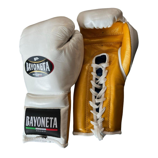 Bayoneta Boxing Gloves – White/ Caramel/ Gold Lace-Up Mexican-Style Training Gloves