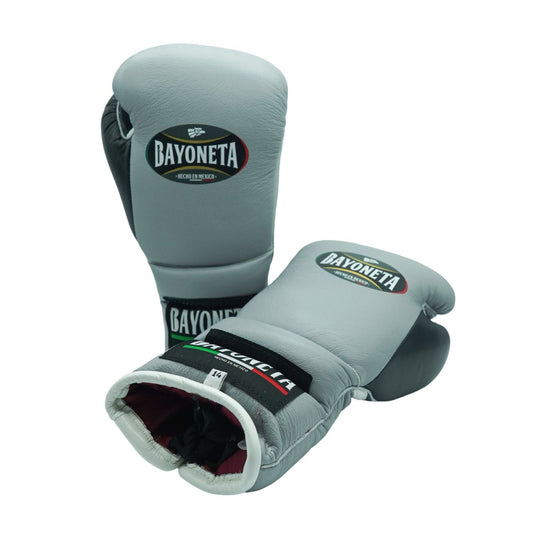 Bayoneta Boxing Gloves – Light Gray/ Black/ White Lace-Up Mexican-Style Training Gloves