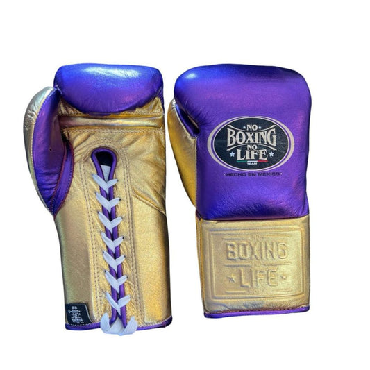 No Boxing No Life Boxing Gloves – Purple & Gold Leather Training Gloves