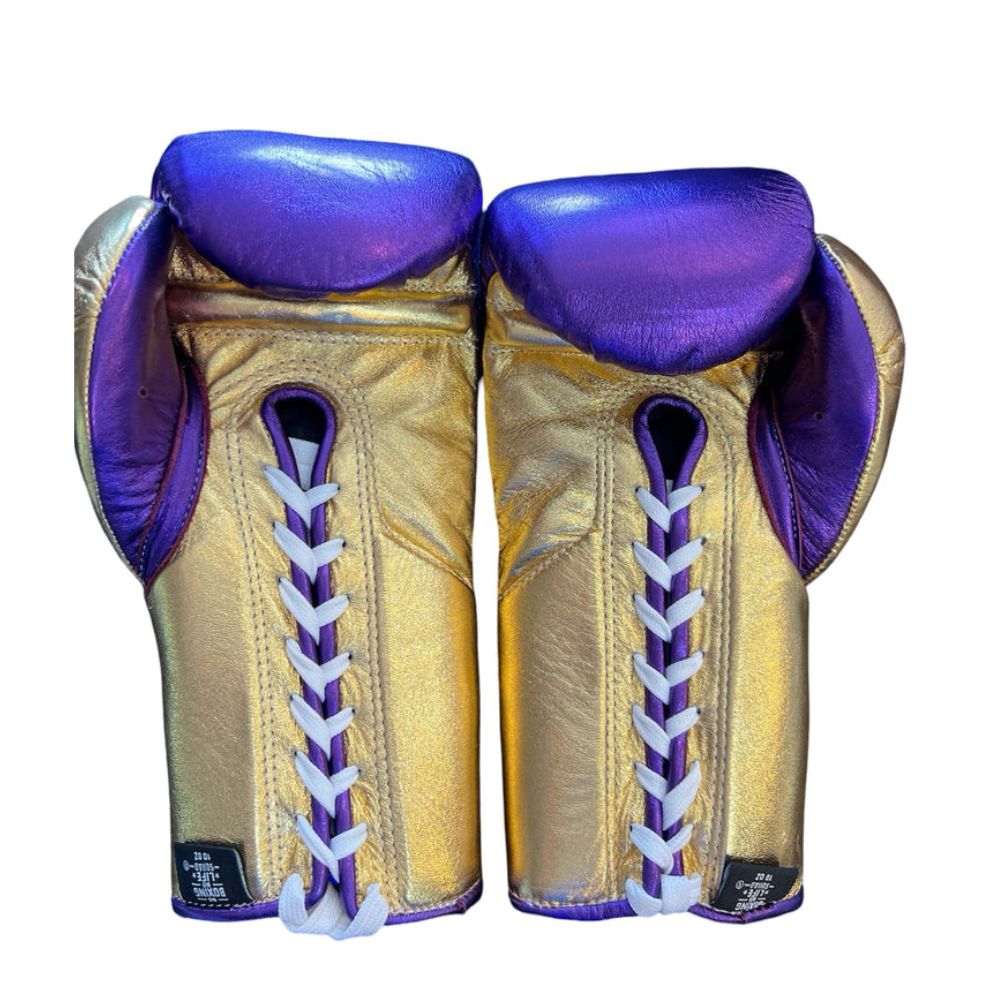 No Boxing No Life Boxing Gloves – Purple & Gold Leather Training Gloves