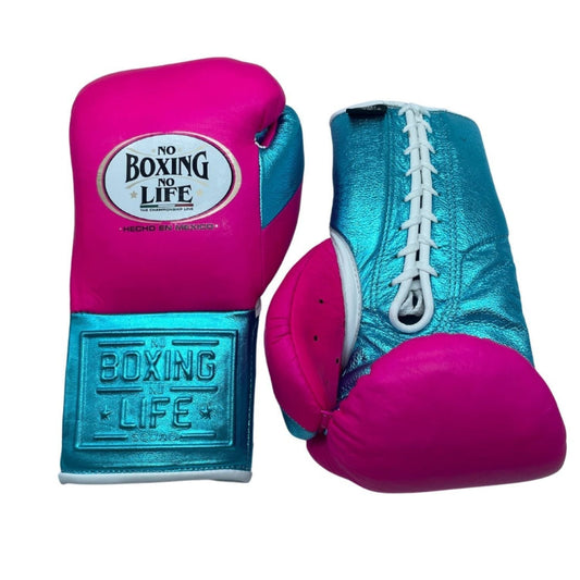 No Boxing No Life Premium Cowhide Leather Lace-Up Boxing Gloves – Metallic Blue & Pink Edition