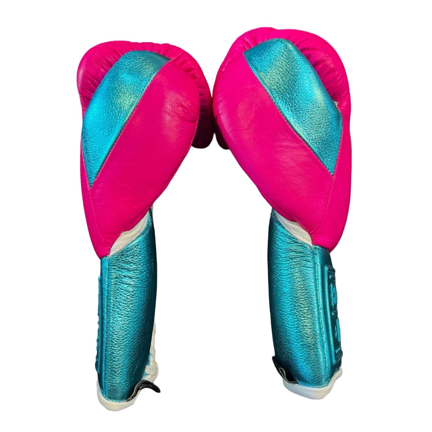No Boxing No Life Premium Cowhide Leather Lace-Up Boxing Gloves – Metallic Blue & Pink Edition