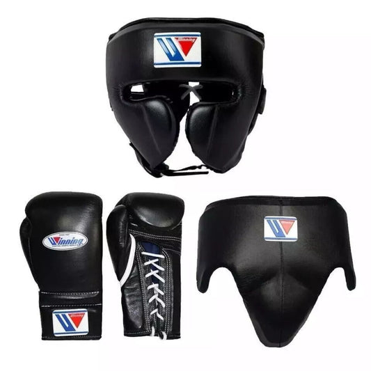 Winning Boxing Set: Black Gloves, FG-2900 Headgear & CPS-500 Guard