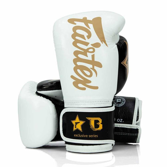Fairtex x Booster Boxing Gloves – White & Gold Muay Thai Training Gear